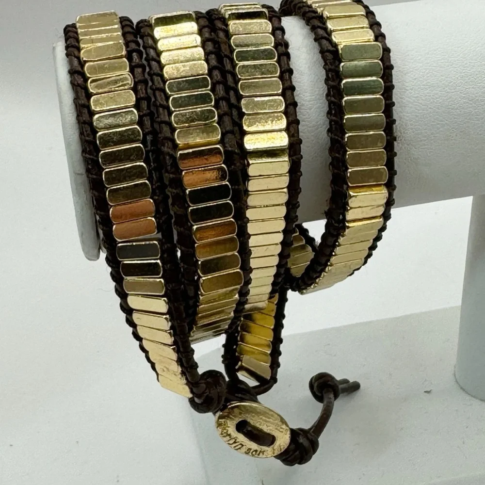 Marlyn Schiff gold tone bar bead brown leather wrap bracelet
